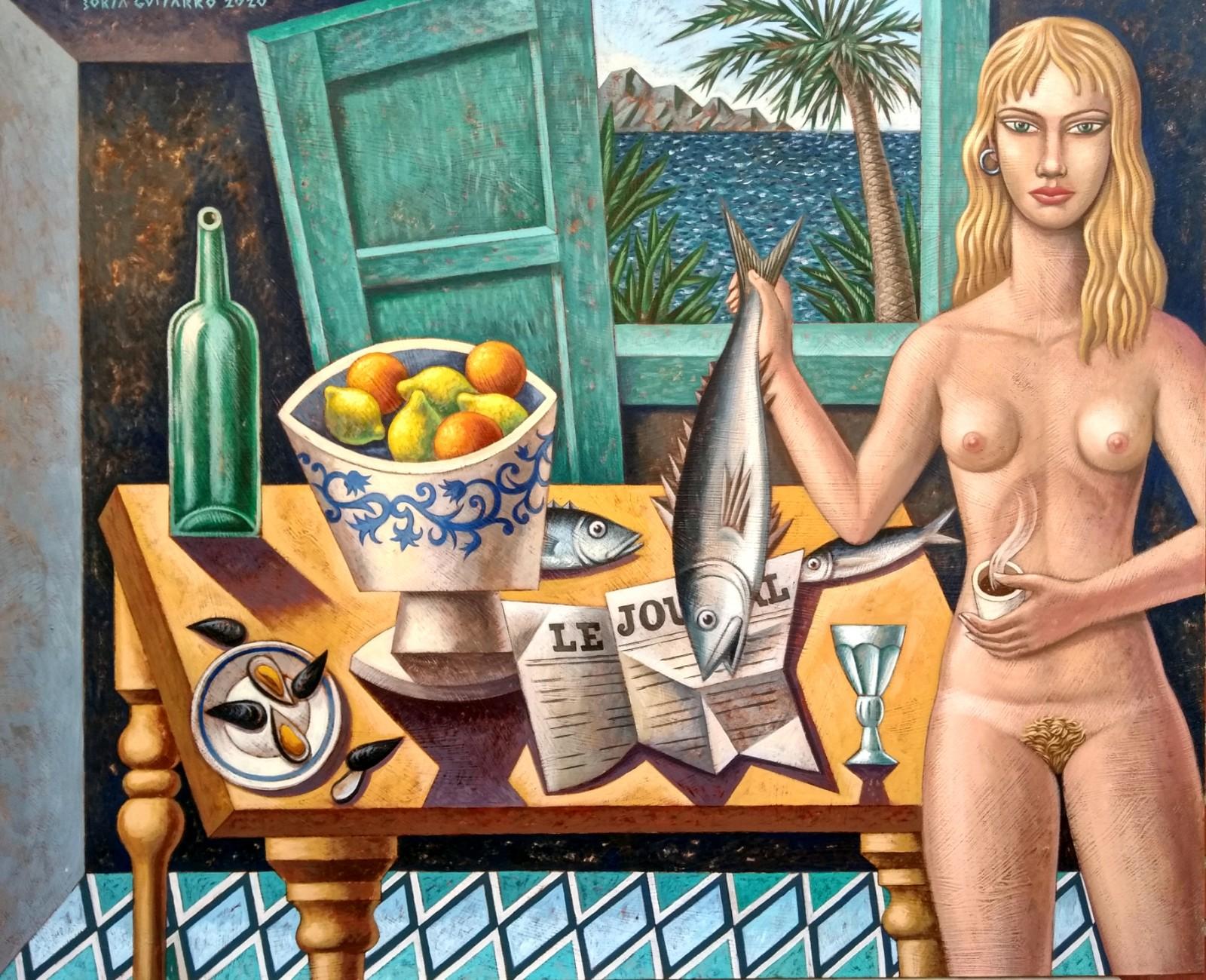 La mesa Amarilla - original colourful female nude figurative painting modern