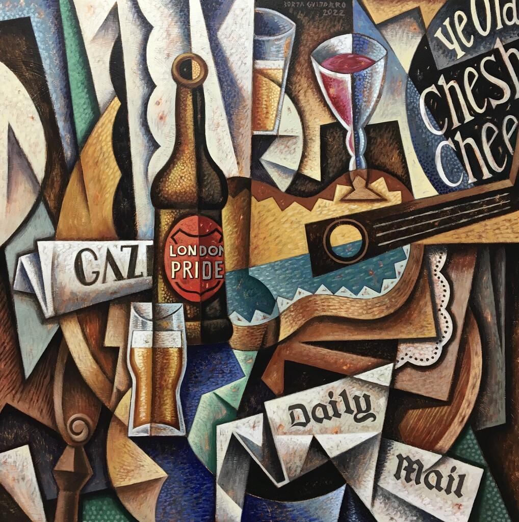 Borja Guijarro Figurative Painting - London Beer Still Life-original cubism still life painting-contemporary Art
