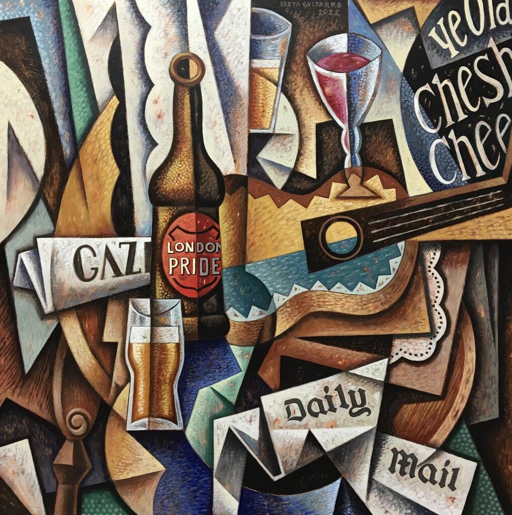 Bodegón de cerveza londinense - cubismo original de bodegón  pintura-arte contemporáneo