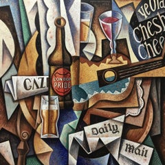Bodegón de cerveza londinense - cubismo original de bodegón  pintura-arte contemporáneo