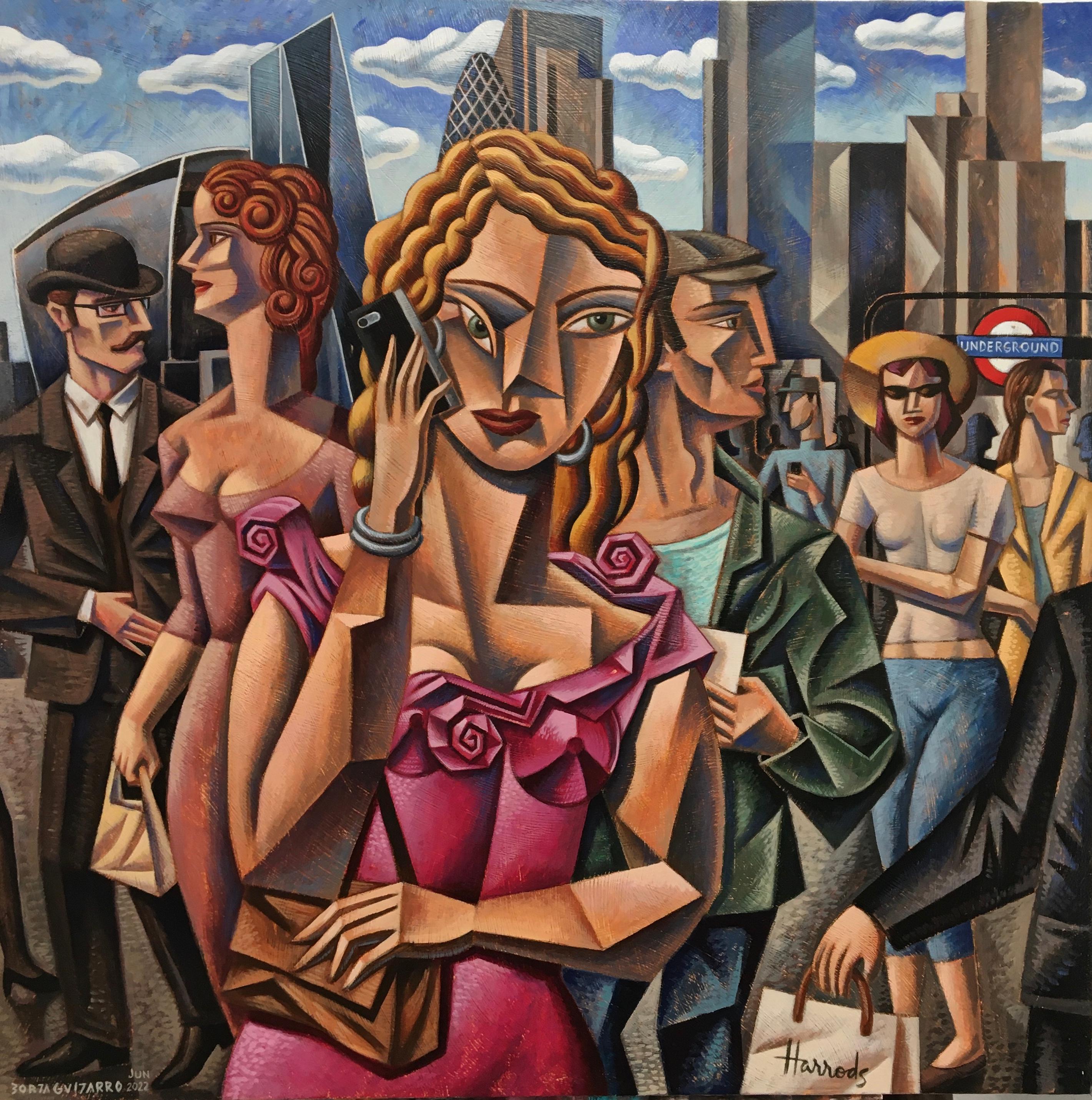 London People I-Original cubism cityscape figurative painting-contemporary Art - Painting by Borja Guijarro