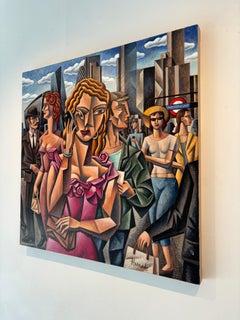 London People I-Original cubism cityscape figurative painting-contemporary Art