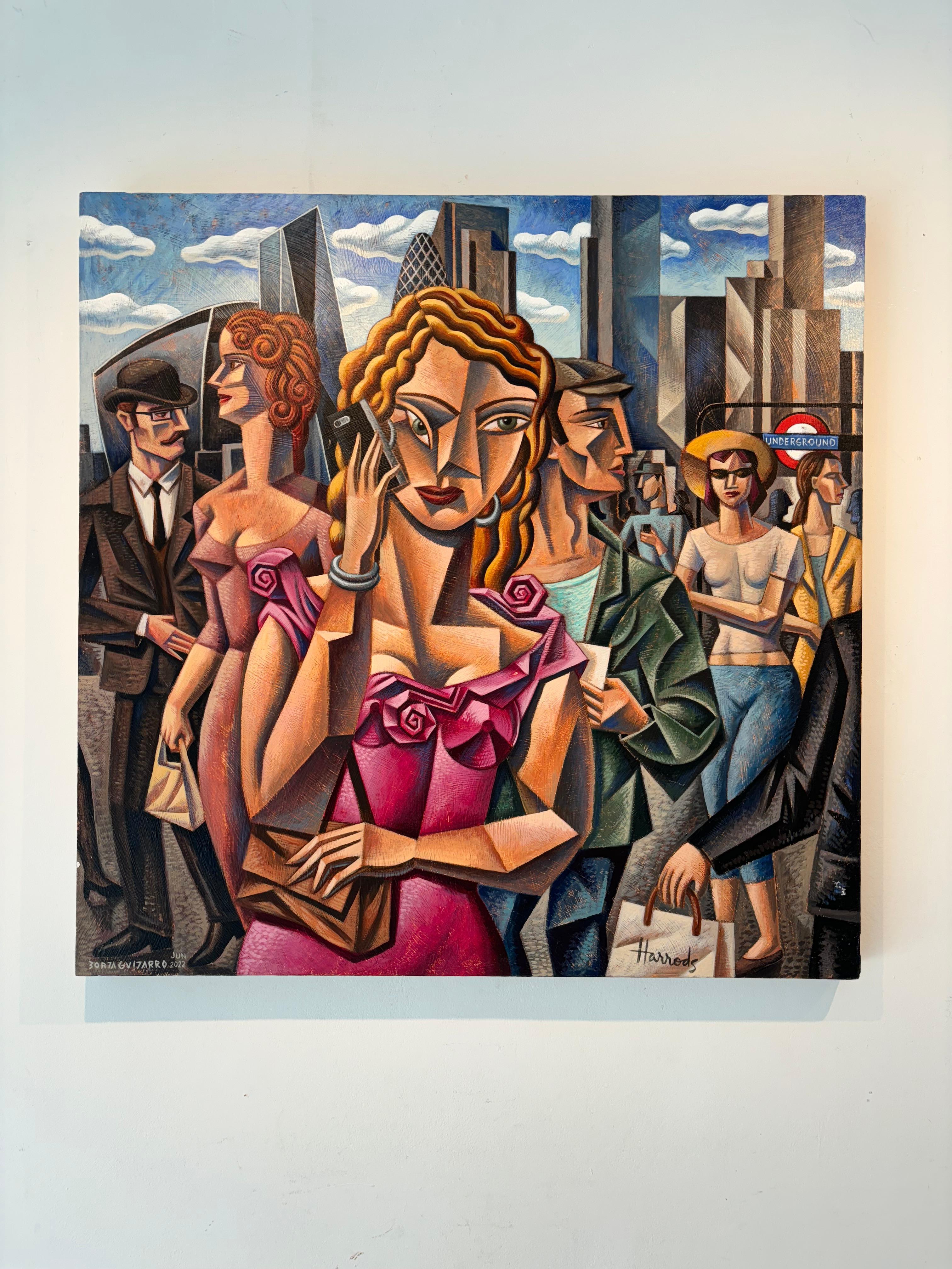 London People I-Original cubism cityscape figurative painting-contemporary Art - Abstract Painting by Borja Guijarro