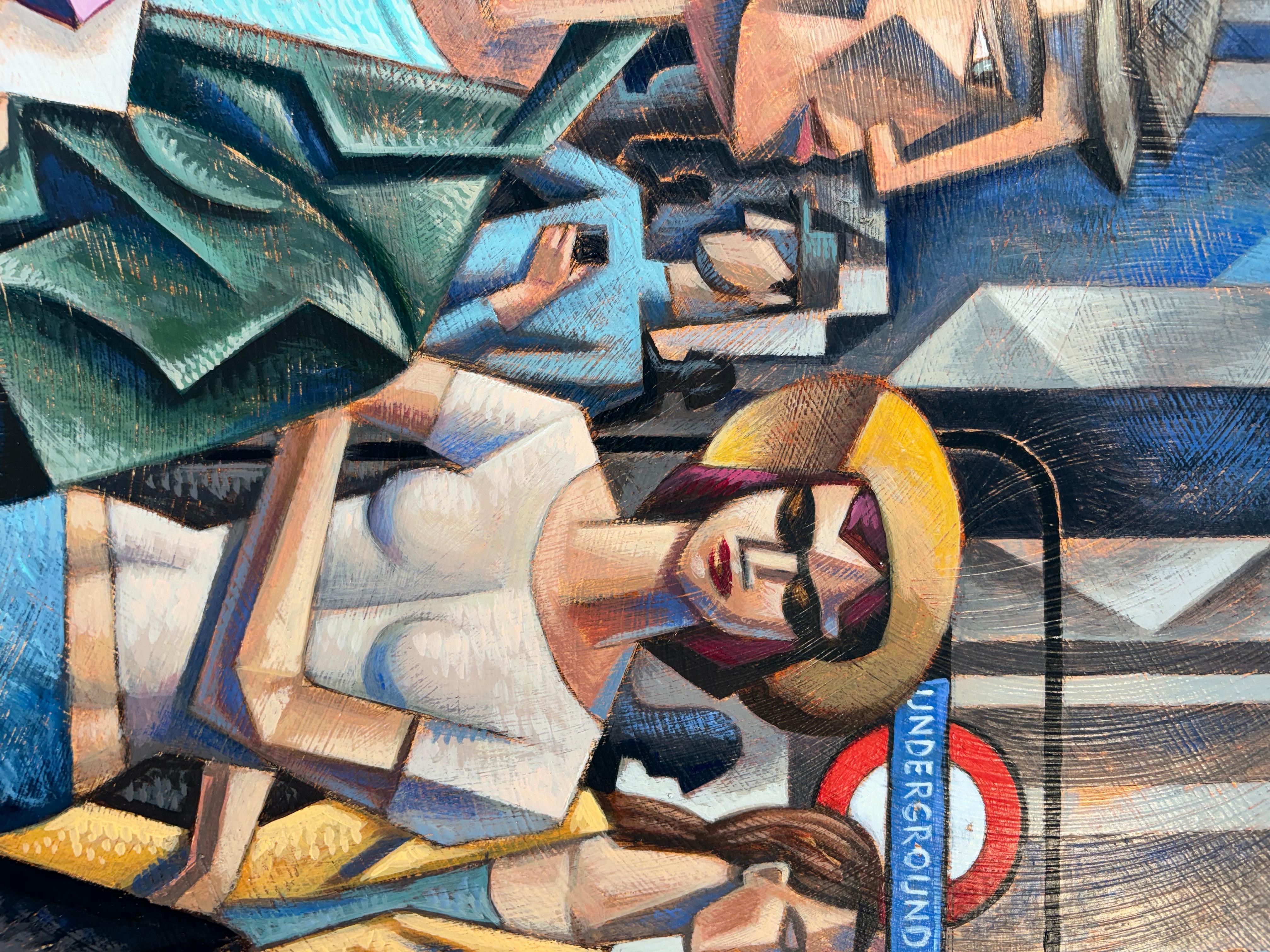 London People I-Original cubism cityscape figurative painting-contemporary Art (Schwarz), Figurative Painting, von Borja Guijarro