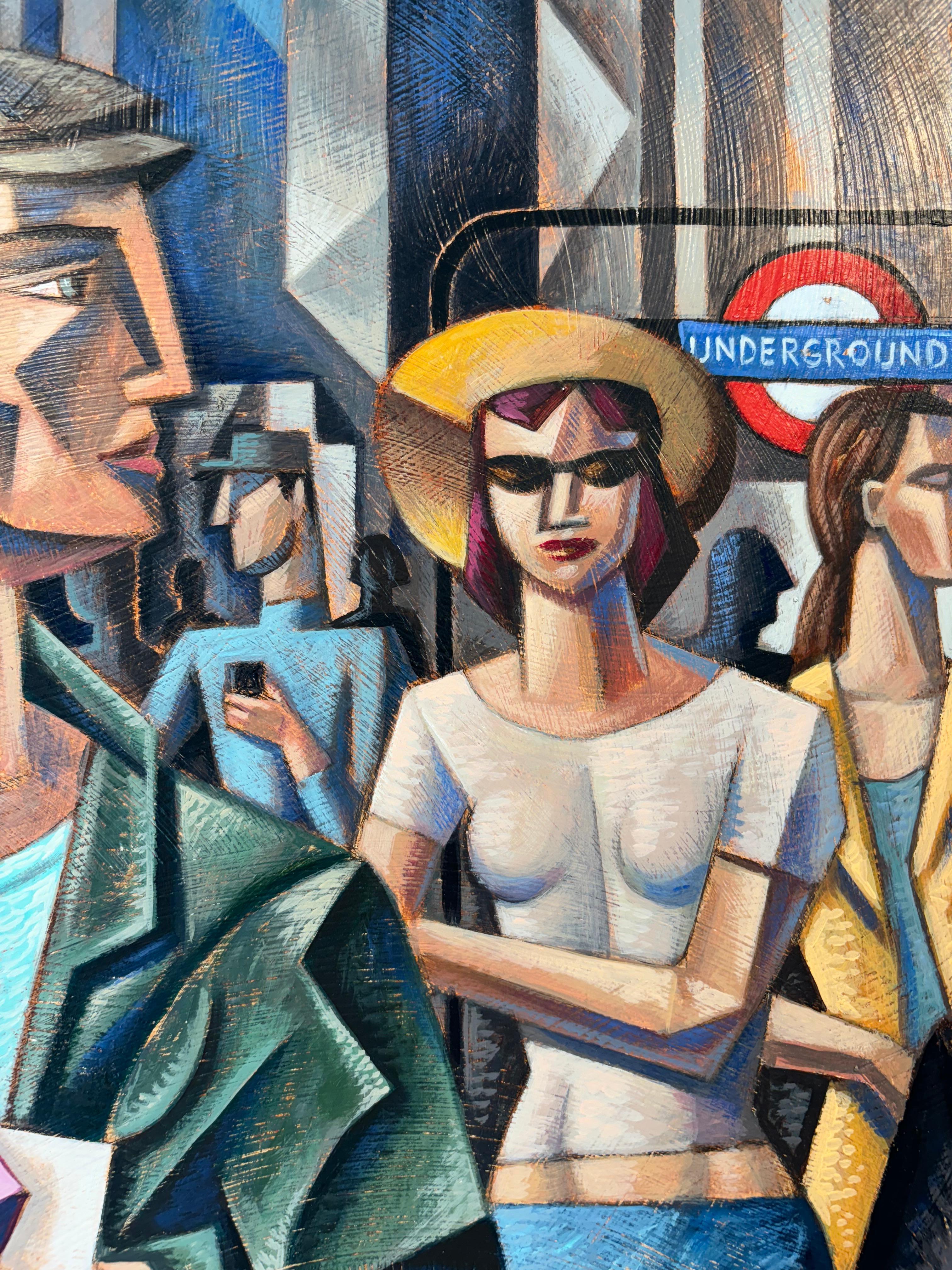 London People I-Original cubism cityscape figurative painting-contemporary Art - Beige Abstract Painting by Borja Guijarro
