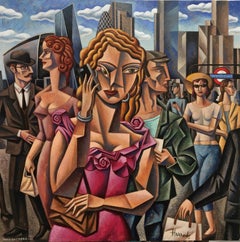 London People I-Original cubism cityscape figurative painting-contemporary Art