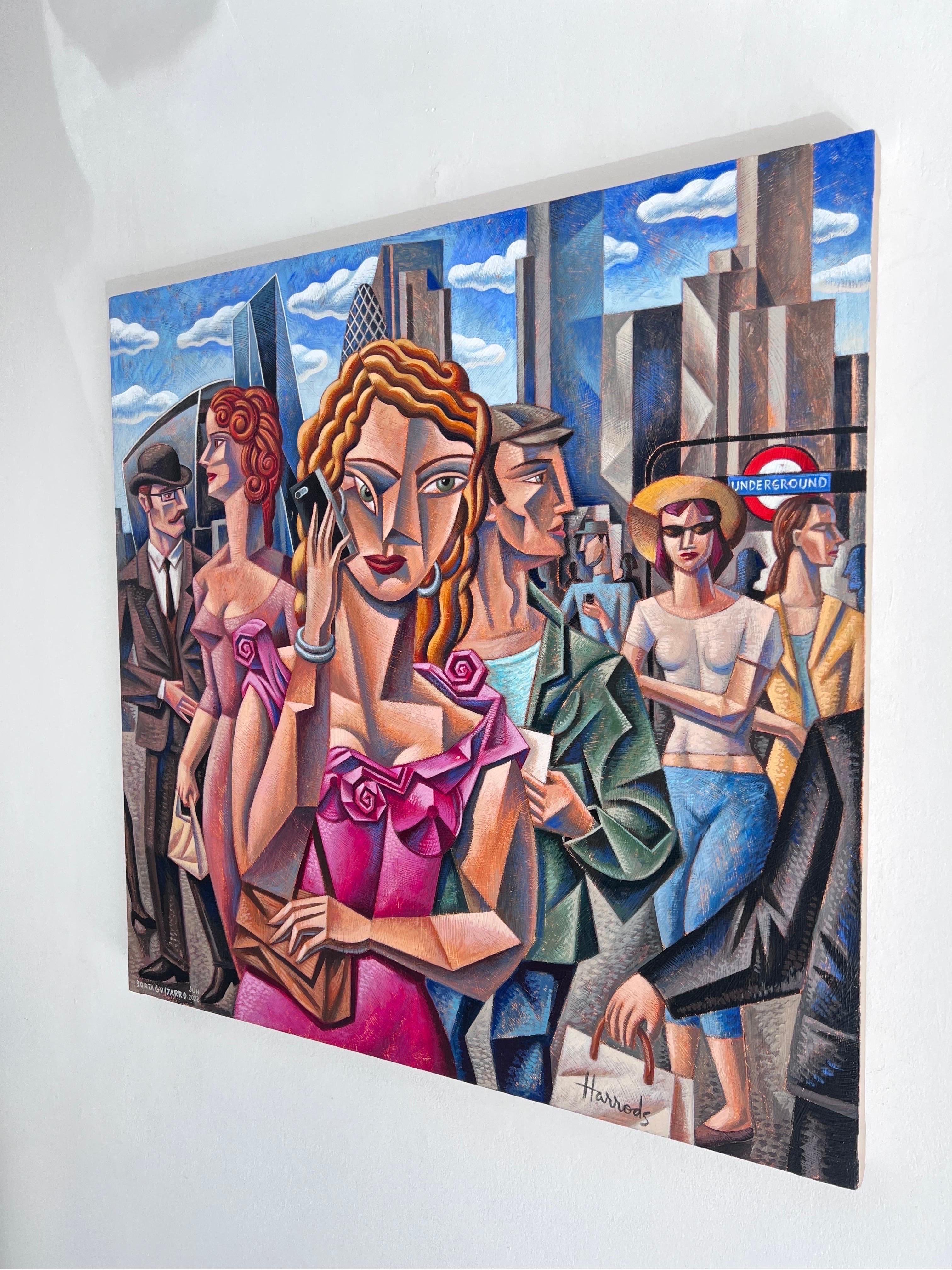 London People I-Original cubism figurative-cityscape painting-contemporary Art - Abstract Painting by Borja Guijarro