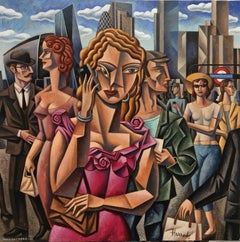 London People I-Original cubism figurative-cityscape painting-contemporary Art