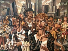 London People II - original surrealism figurative cubism painting contemporary