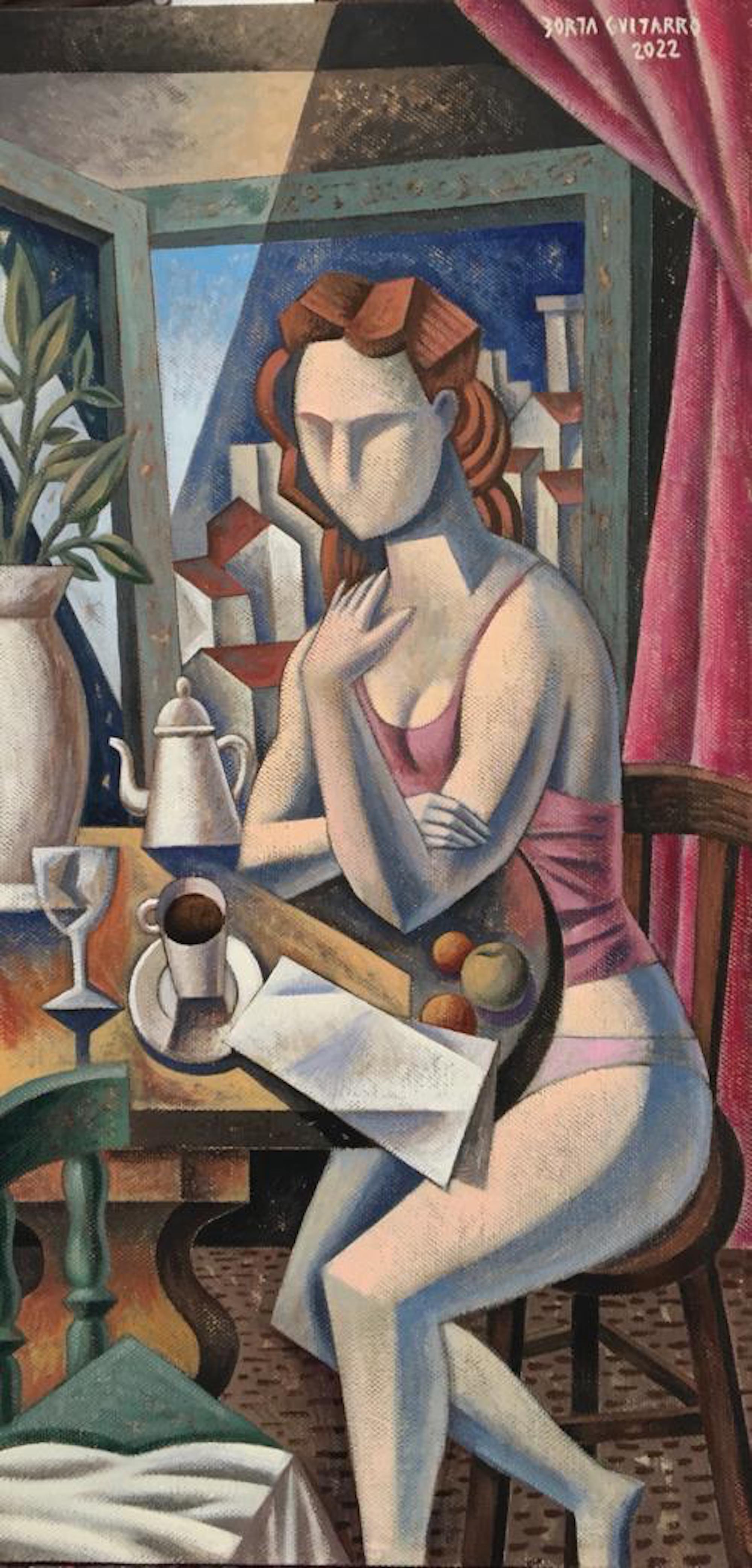 Maria und Kaffee – abstraktes kubistisches menschliches Porträt, spanische Acrylkunst