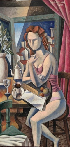 Maria und Kaffee – abstraktes kubistisches menschliches Porträt, spanische Acrylkunst
