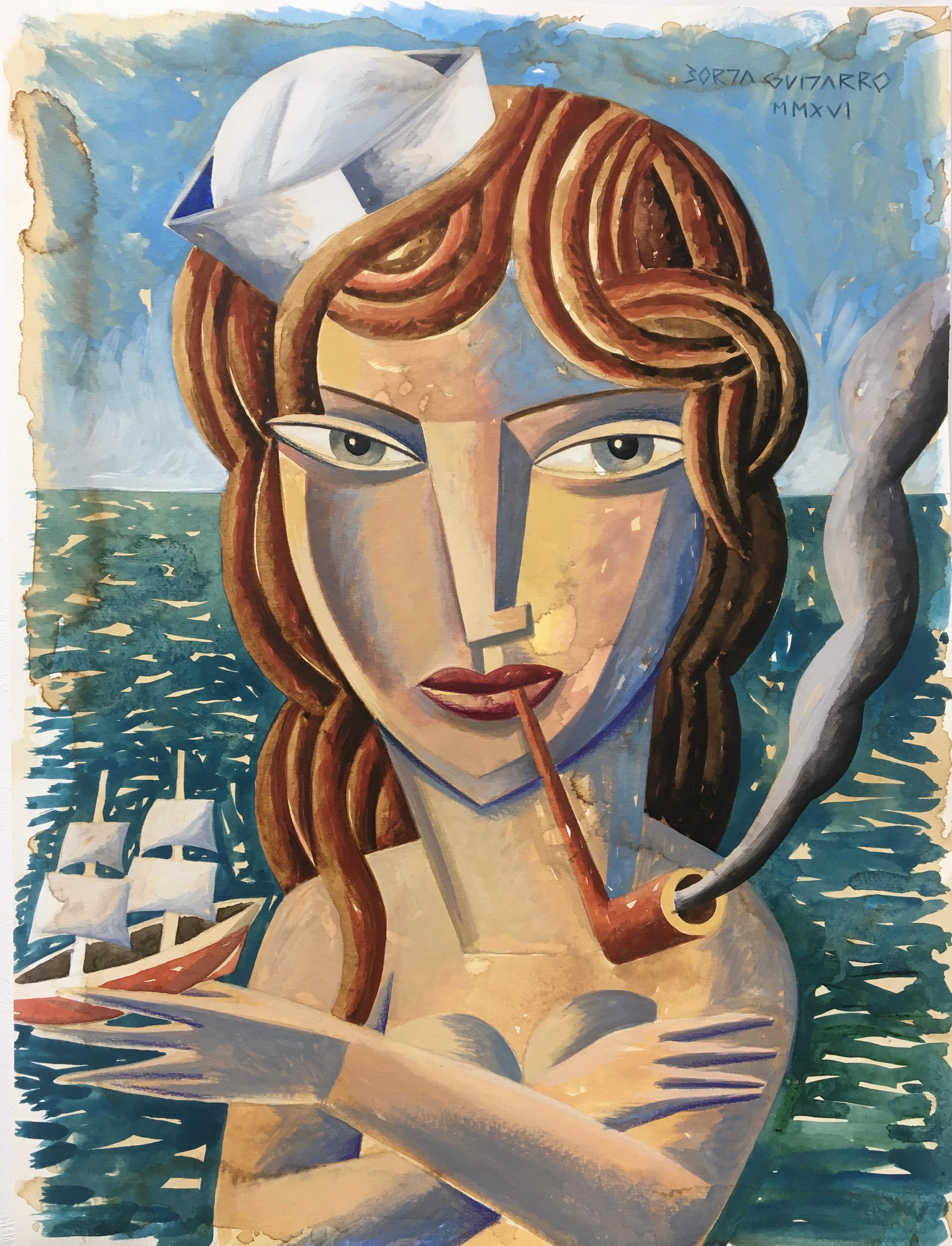Borja Guijarro Abstract Painting - Marinera - figurative portraiture study nude mixed media artwork modern cubism