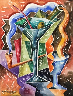 Martini Seco, Original Cubist Still Life, Signed 30 x 40 Oil Painting