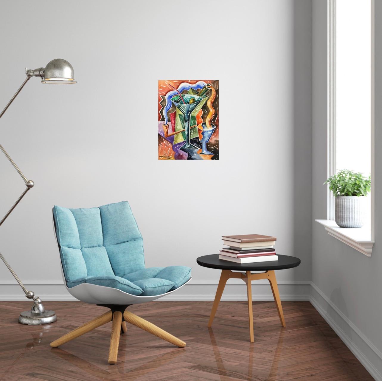 Martini seco - quadro originale di natura morta moderno espressionista astratto cubista - Painting di Borja Guijarro