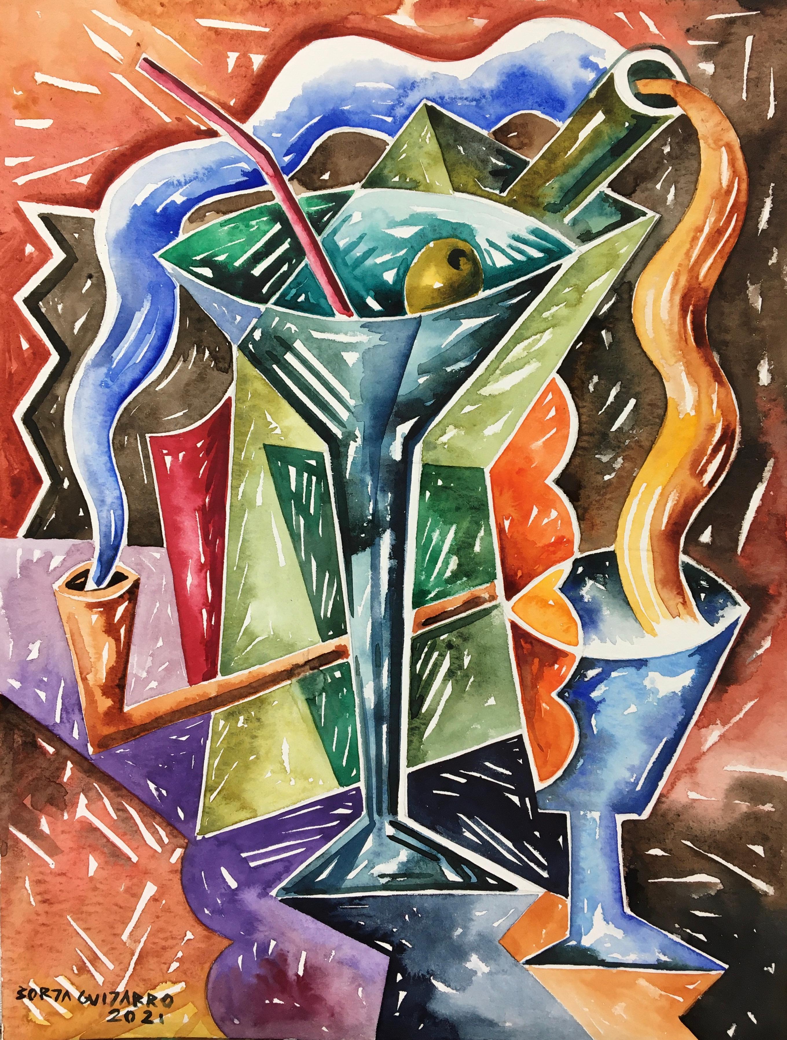Martini-Stil – Original-Stillleben, modernes abstraktes expressionistisches Kubismus