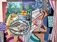 Mediterranes Stillleben I – Kubismus-Stillleben, abstrakte Kunst, kubistische zeitgenössische Kunst 