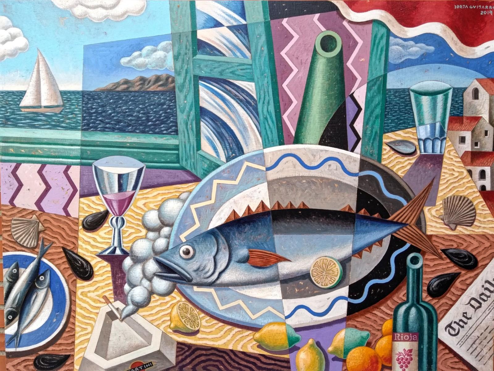 Borja Guijarro Abstract Painting - Mediterranean Still Life II - original abstract fruit modern study cubism art