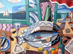 Mediterranes Stillleben II – originelle abstrakte Früchte Moderne Studie Kubismus Kunst