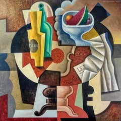 Mesa Con Frutero – abstraktes kubistisches Gemälde mit Obstnahrungen, figuratives Acryl-Kunstwerk