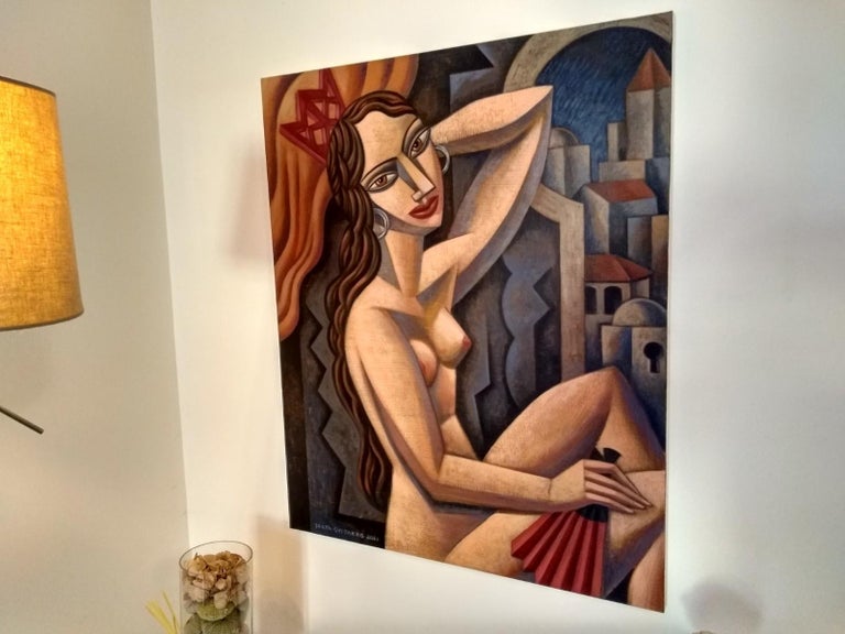 Mujer con Abanico - original female nude contemporary abstract cubism painting - Painting by Borja Guijarro