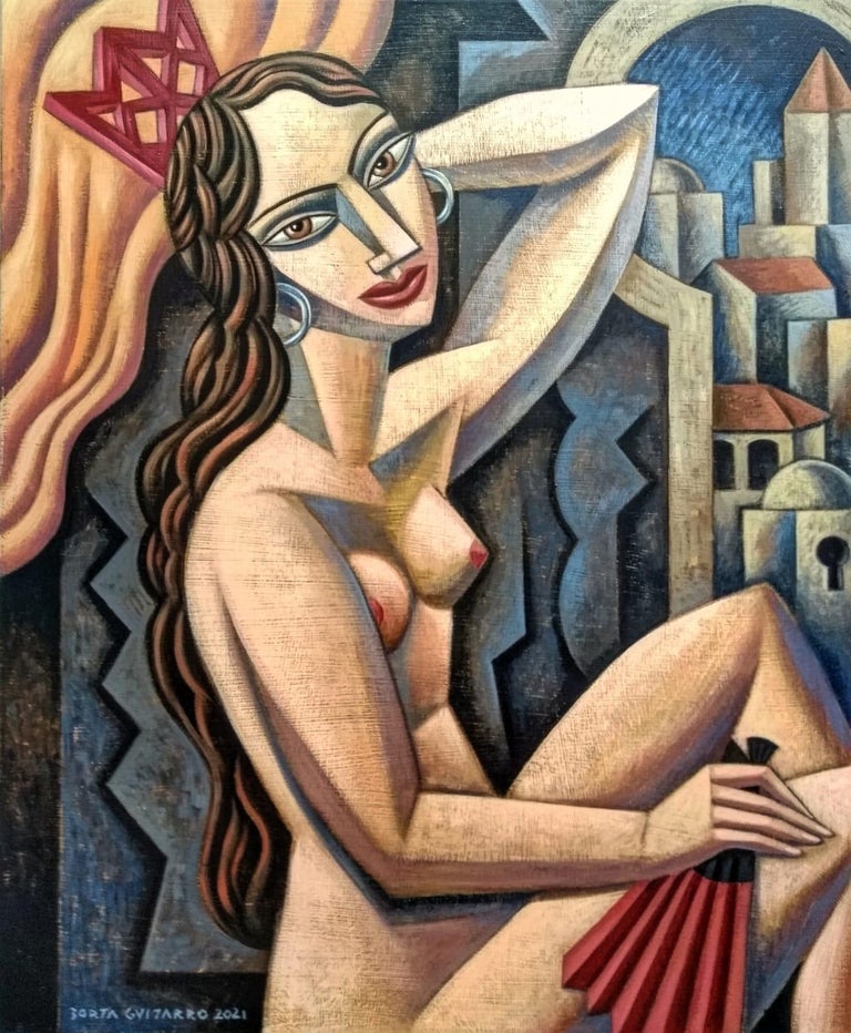 Borja Guijarro Abstract Painting - Mujer con Abanico - original female nude contemporary abstract cubism painting