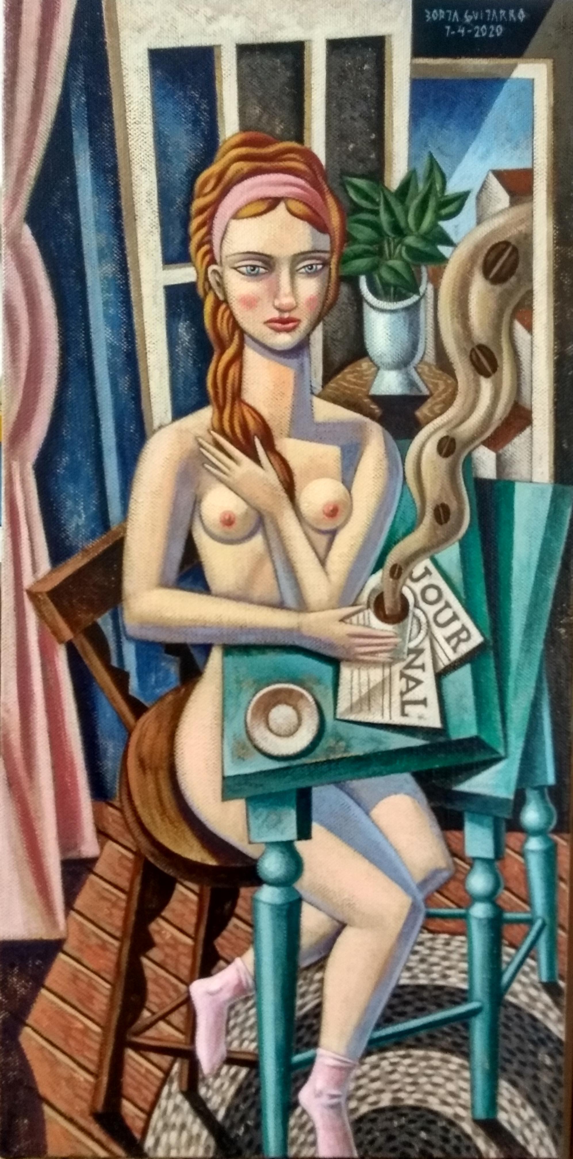 Mujer con Cafe - original female form acrylic painting figurative modern cubist