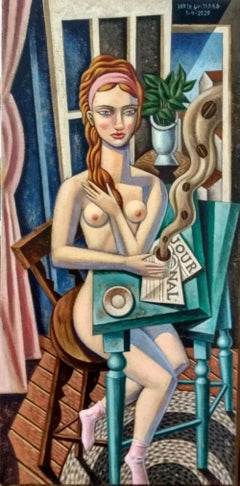 Mujer con Cafe - peinture acrylique originale de forme féminine figurative de cubiste moderne