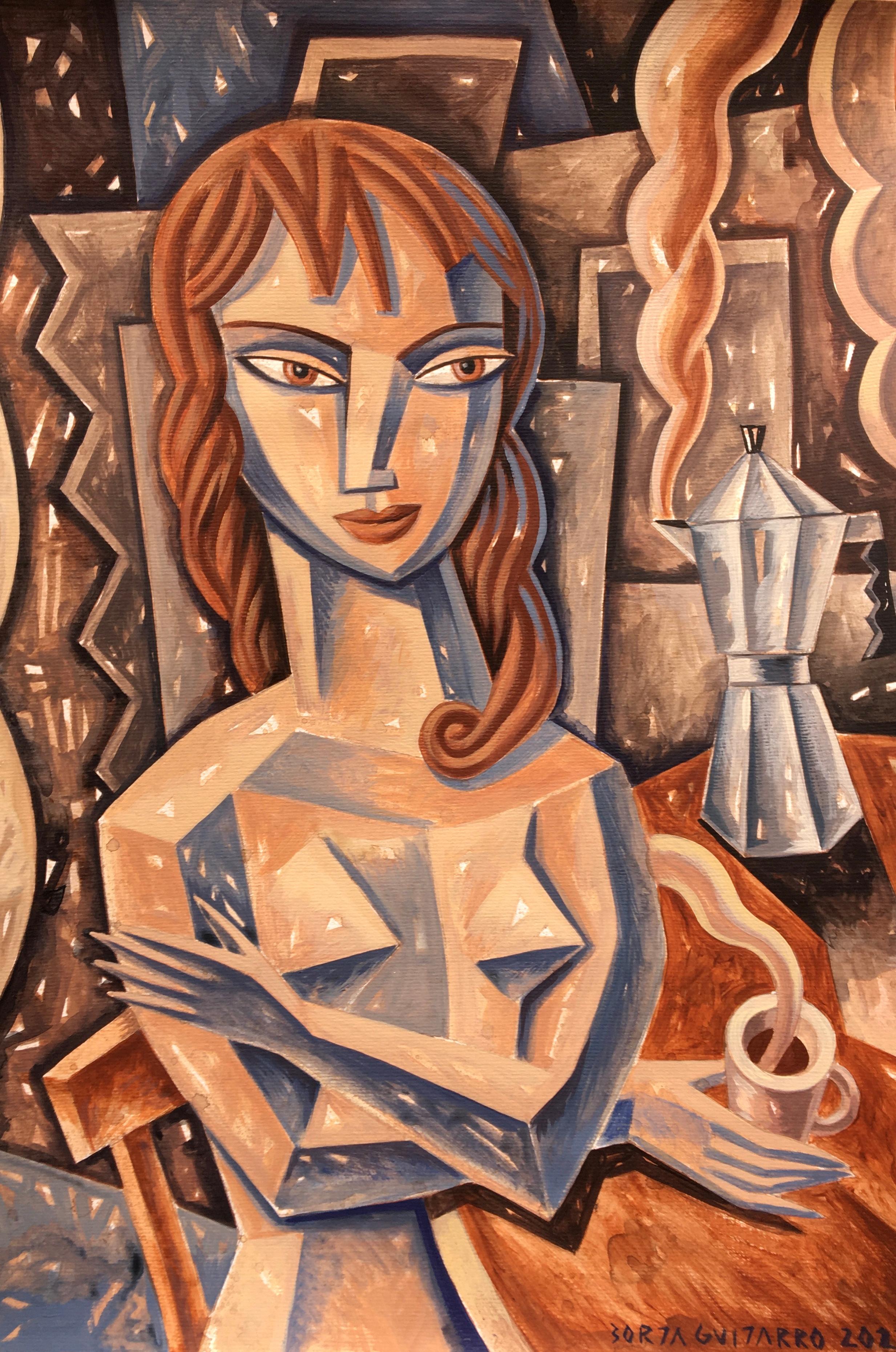 Mujer con Cafe - original portrait colourful still life painting cubism modern