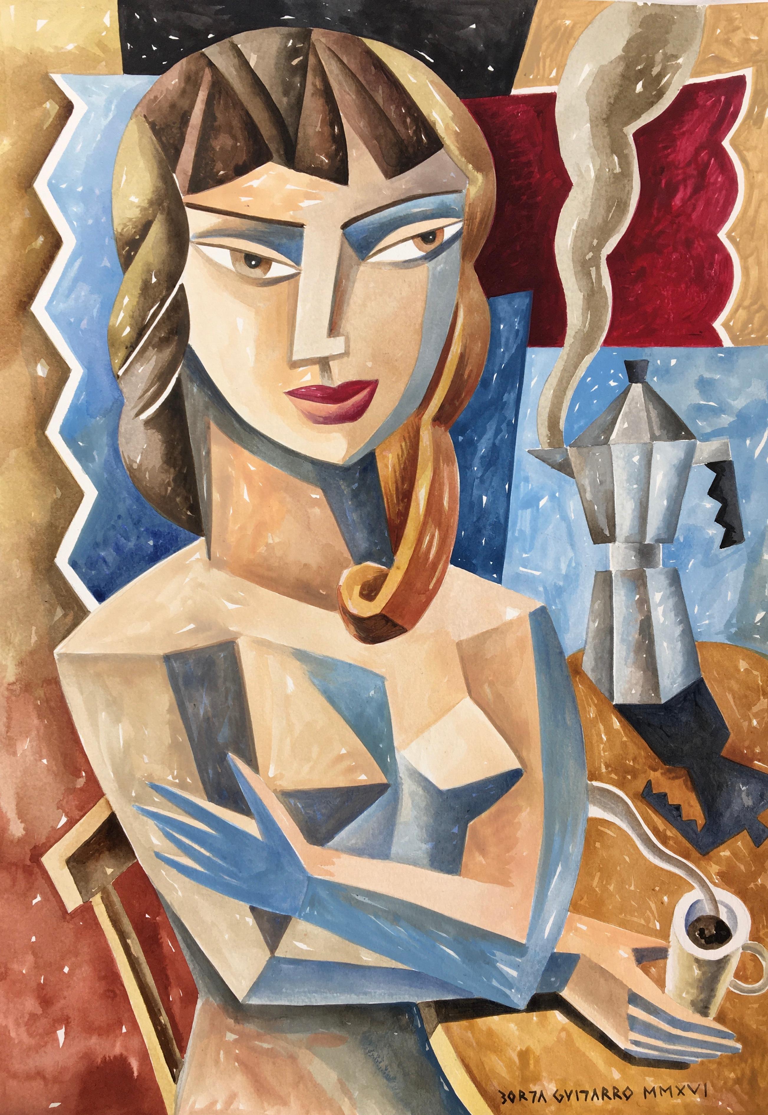 Mujer con cafetera - original female artwork modern human form portrait cubism