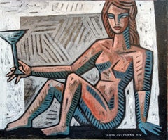 Mujer con Copa - original female figurative cubism acrylic painting contemporary