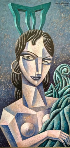Mujer en azul - original cubism painting contemporary modern art