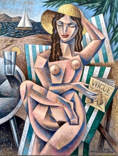 Mujer en la Playa - original figurative cubism painting contemporary modern art