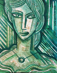 Mujer en Verde - female form figure portrait painting modern abstract art cubism
