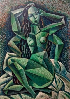 Mujer en Verde - surrealism female nude figurative contemporary cubism painting