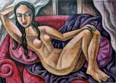 Mujer Sobre el Sofa - original contemporary female nude abstract cubism painting