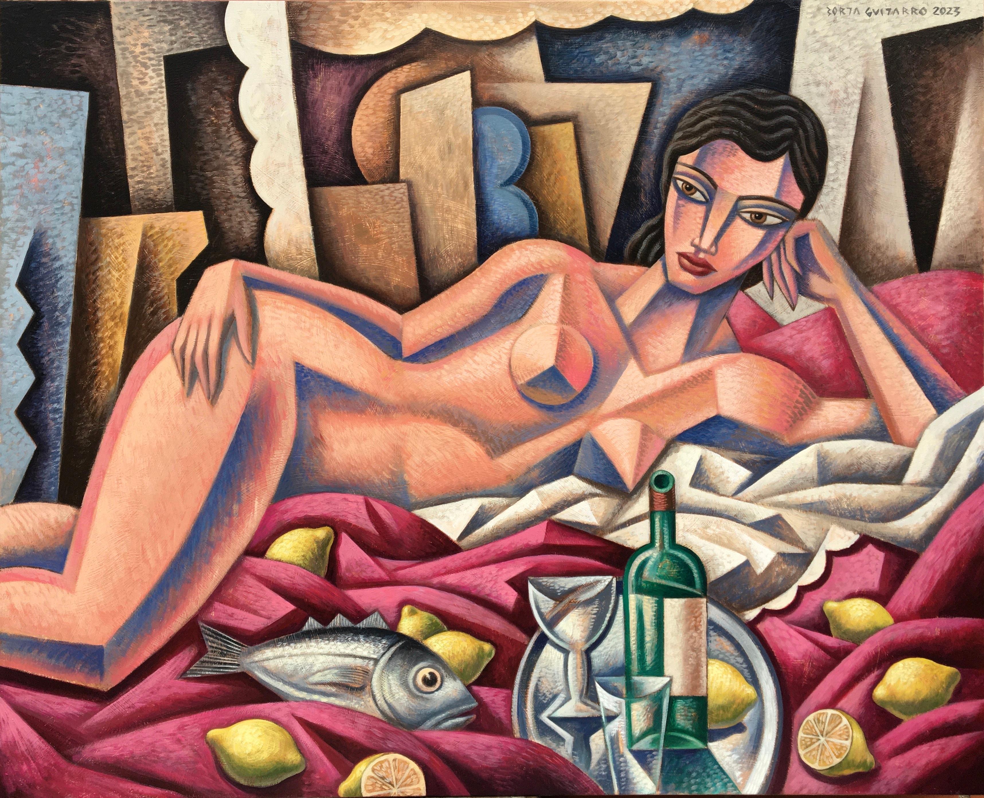 Borja Guijarro Figurative Painting - Mujer Y Limones - cubism art abstract figurative spanish portrature female form