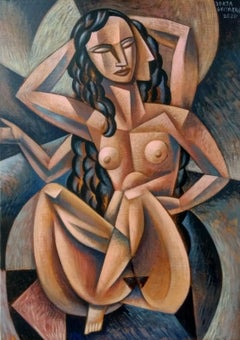 Nude - original female figure contemporary abstract cubism neutral painting