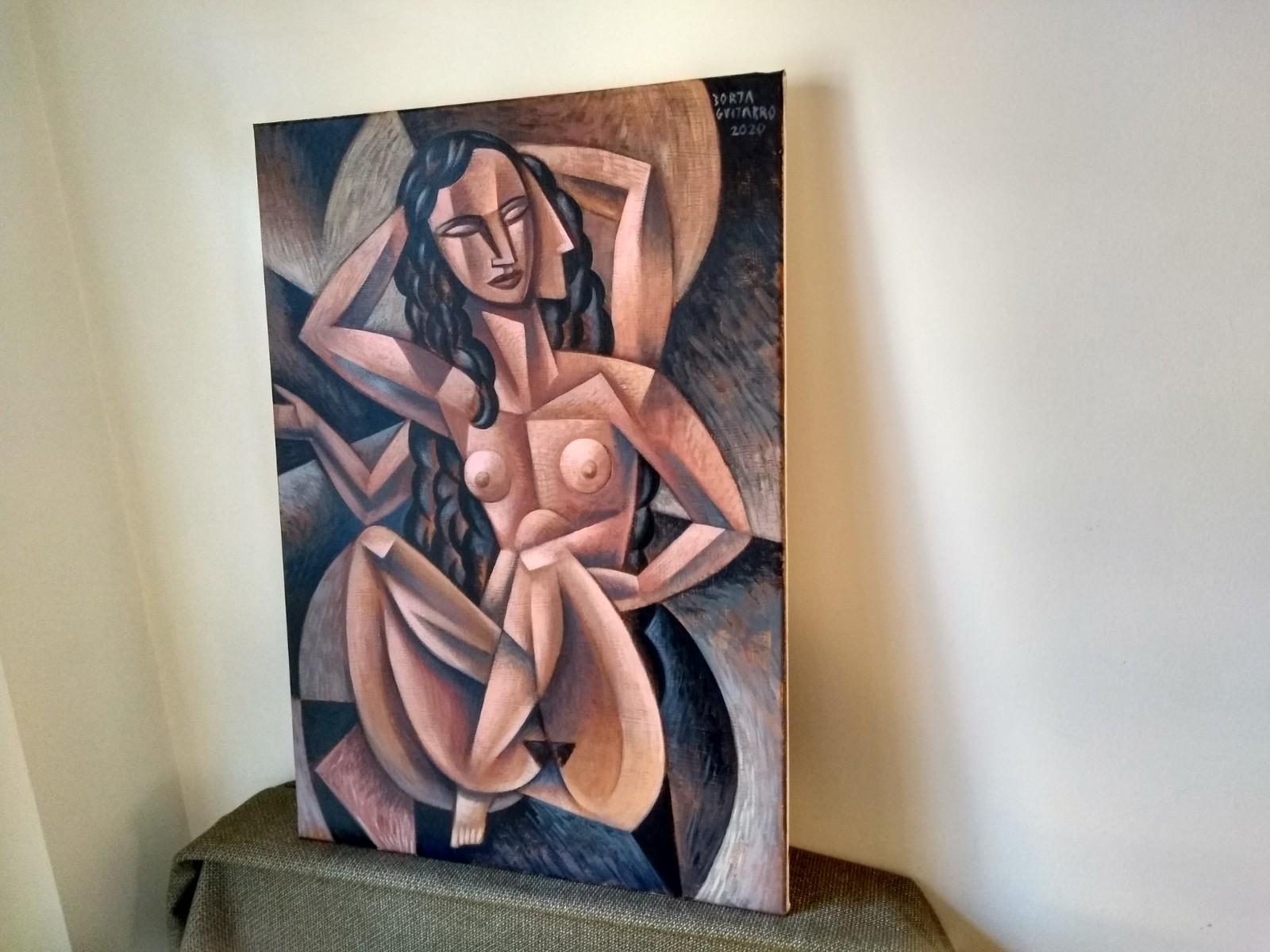 Nude - original naked female figure modern study abstract cubism form painting - Painting by Borja Guijarro
