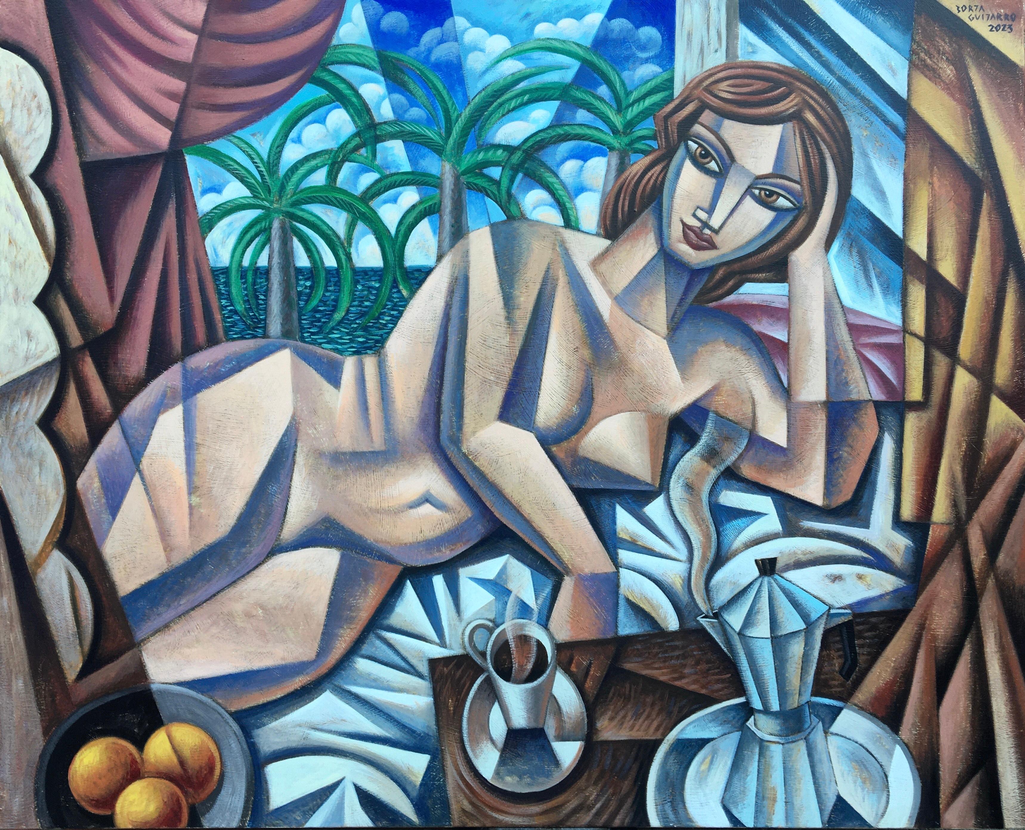 Borja Guijarro Still-Life Painting - Nude with Coffee-original cubism figurative-still life painting-contemporary Art