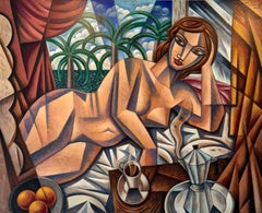 Nude with Coffee-original cubism nude-still life painting-contemporary Artwork