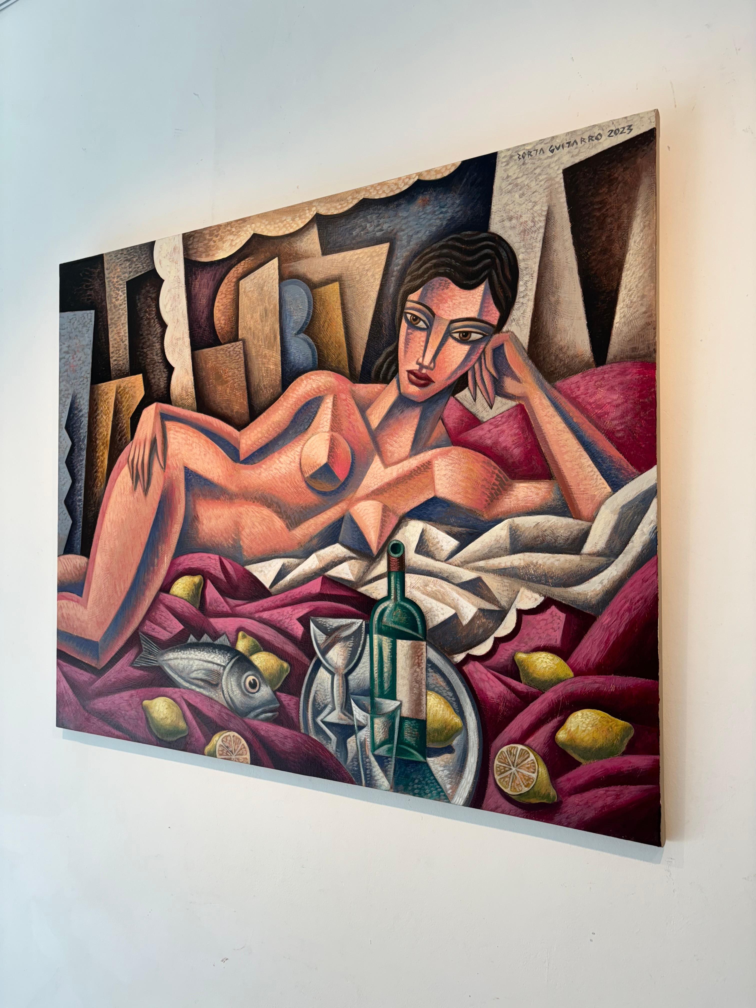 Nu aux citrons - peinture originale figurative cubiste nature morte - art contemporain - Cubisme Painting par Borja Guijarro