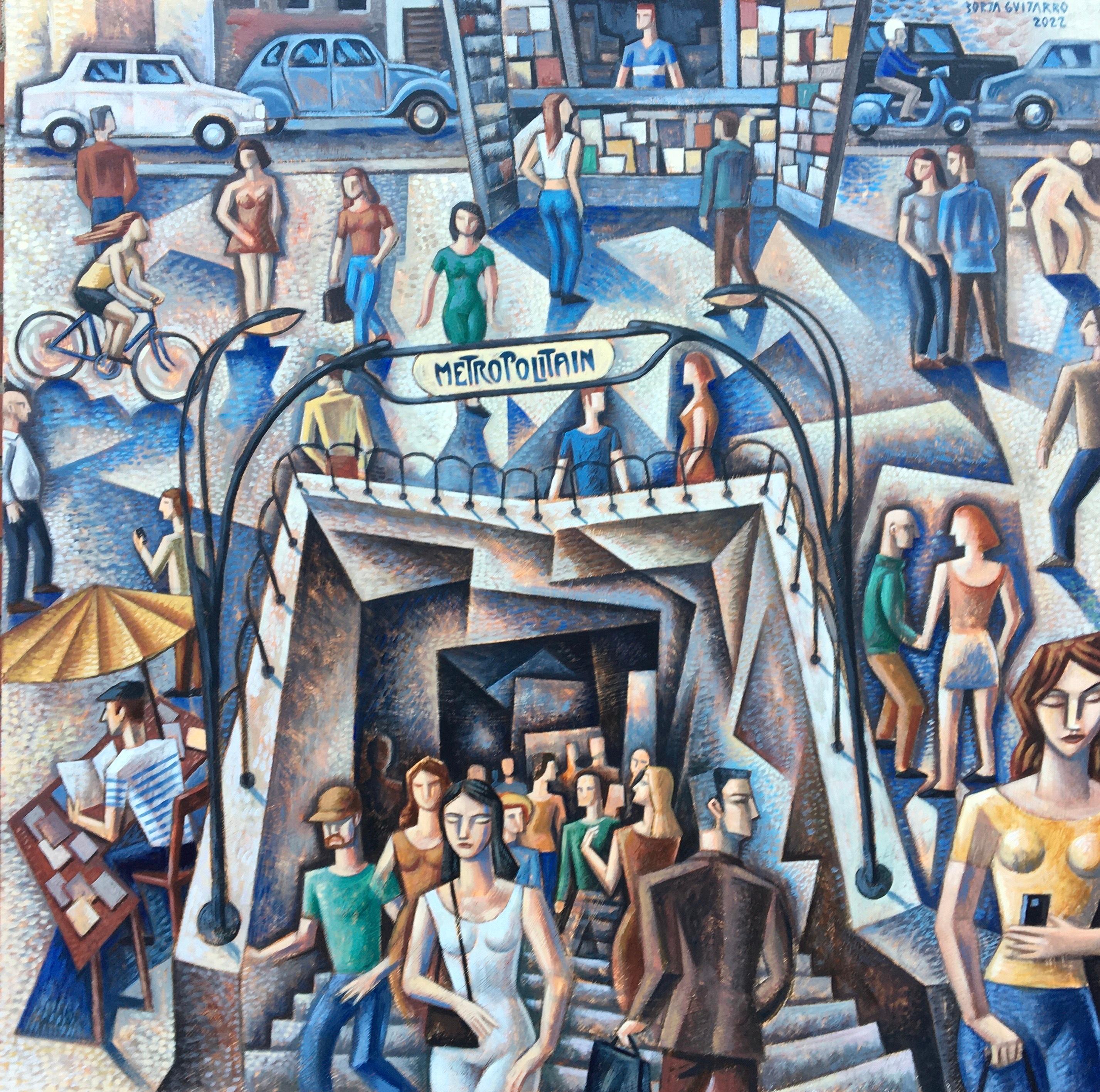 Borja Guijarro Abstract Painting - Paris Metro-original cubism figurative cityscape painting-contemporary Art