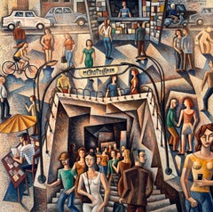 Paris Metro, Original Cubist Cityscape, Signed Acrylic on Canvas