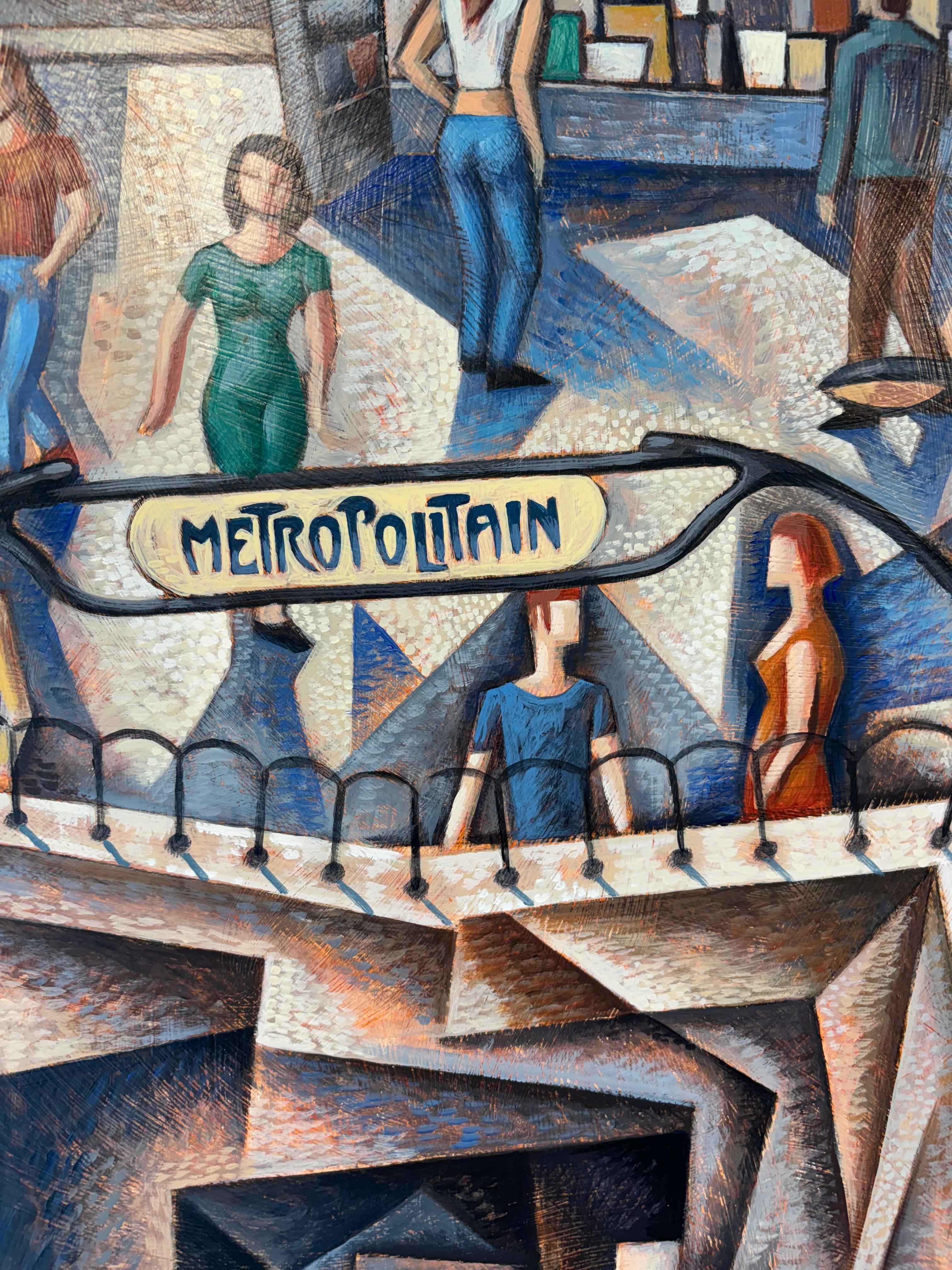 Paris Metro-original figurative cubism  cityscape painting-contemporary Art - Abstract Painting by Borja Guijarro