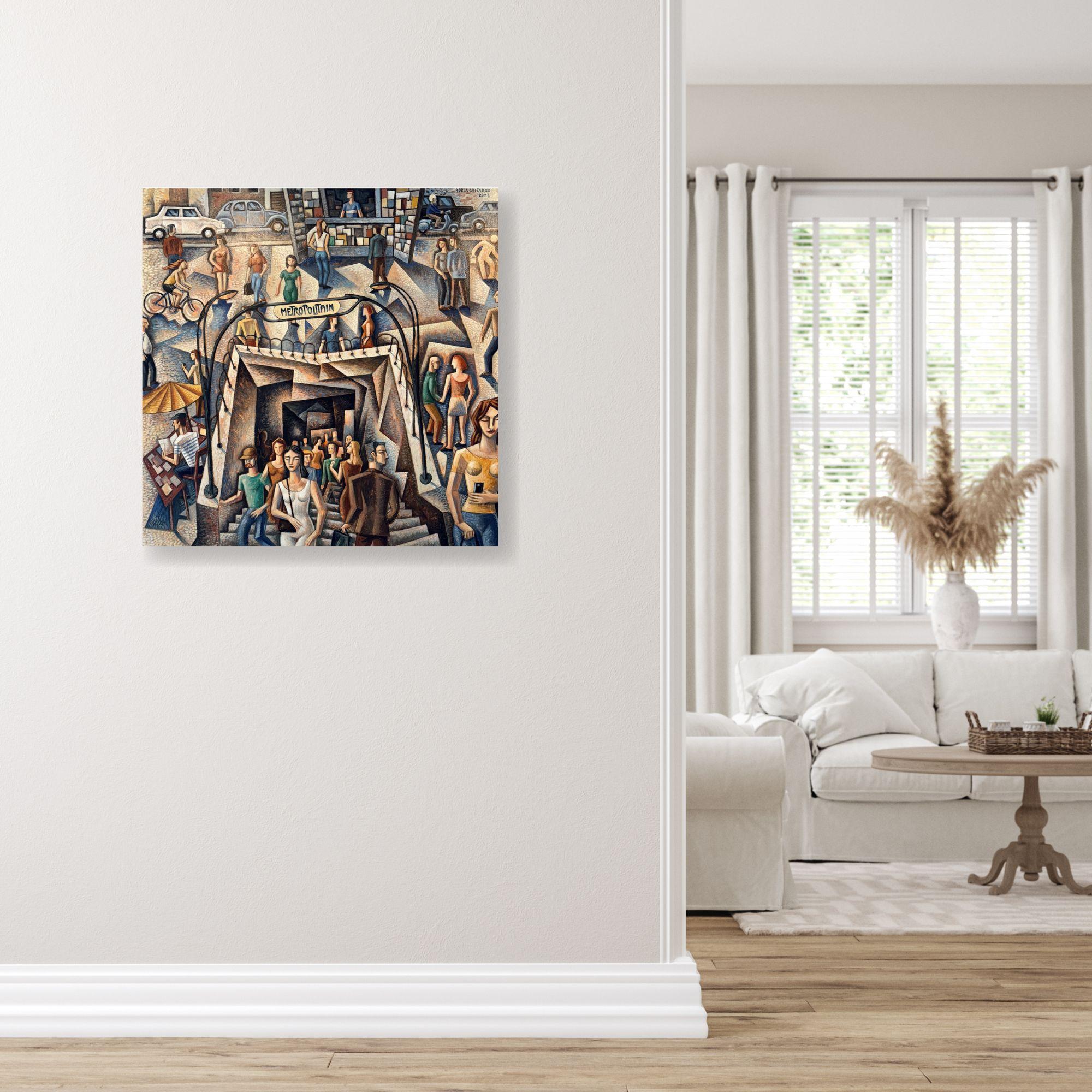 Paris Metro-original figurative cubism  cityscape painting-contemporary Art - Beige Abstract Painting by Borja Guijarro