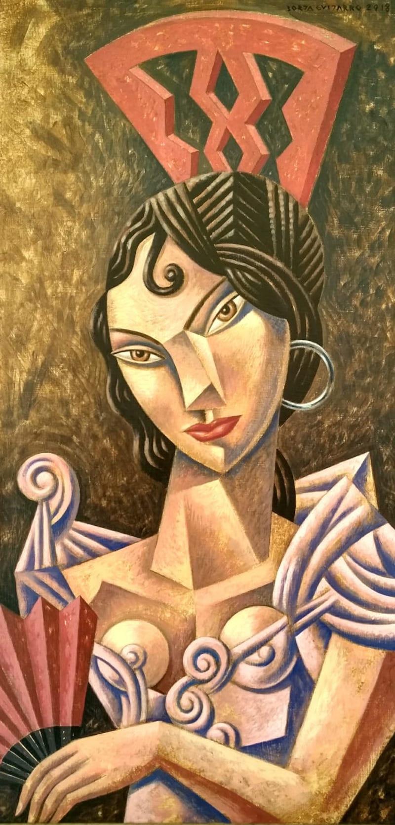 Peineta roja - original cubism painting contemporary modern art - Painting by Borja Guijarro