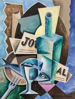 Pez y Botella - original abstract painting modern cubism expressionist surreal