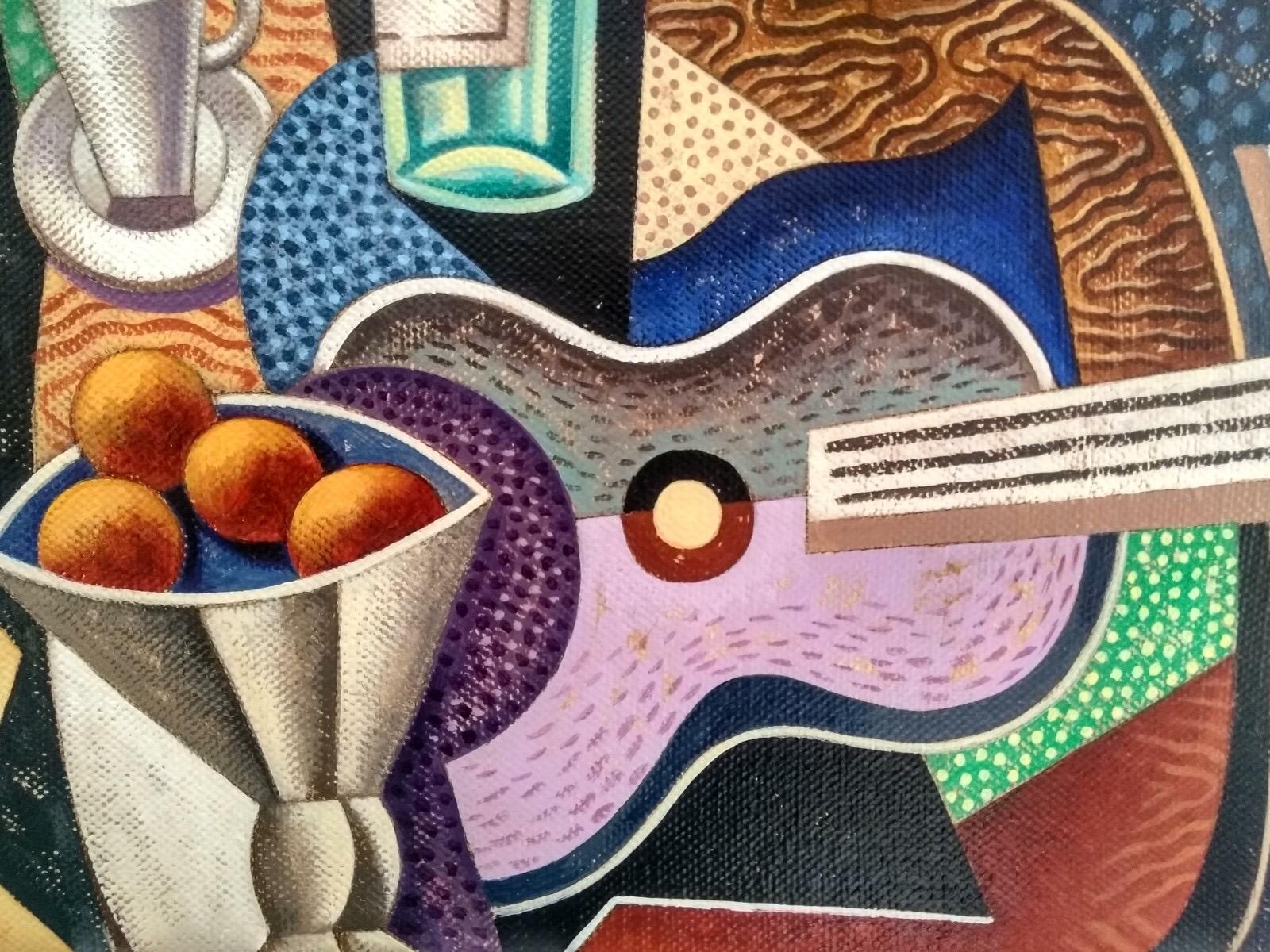 Purple Guitar - original cubism mixed media artwork abstraction study modern art - Cubist Painting by Borja Guijarro