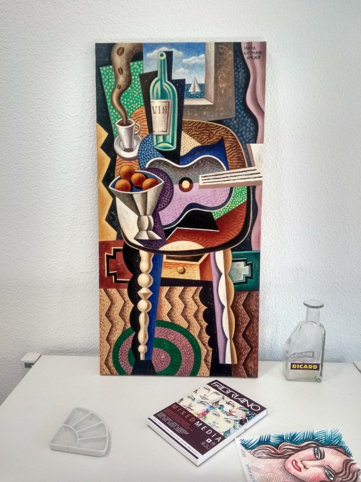 Purple Guitar - original cubism mixed media artwork abstraction study modern art For Sale 1