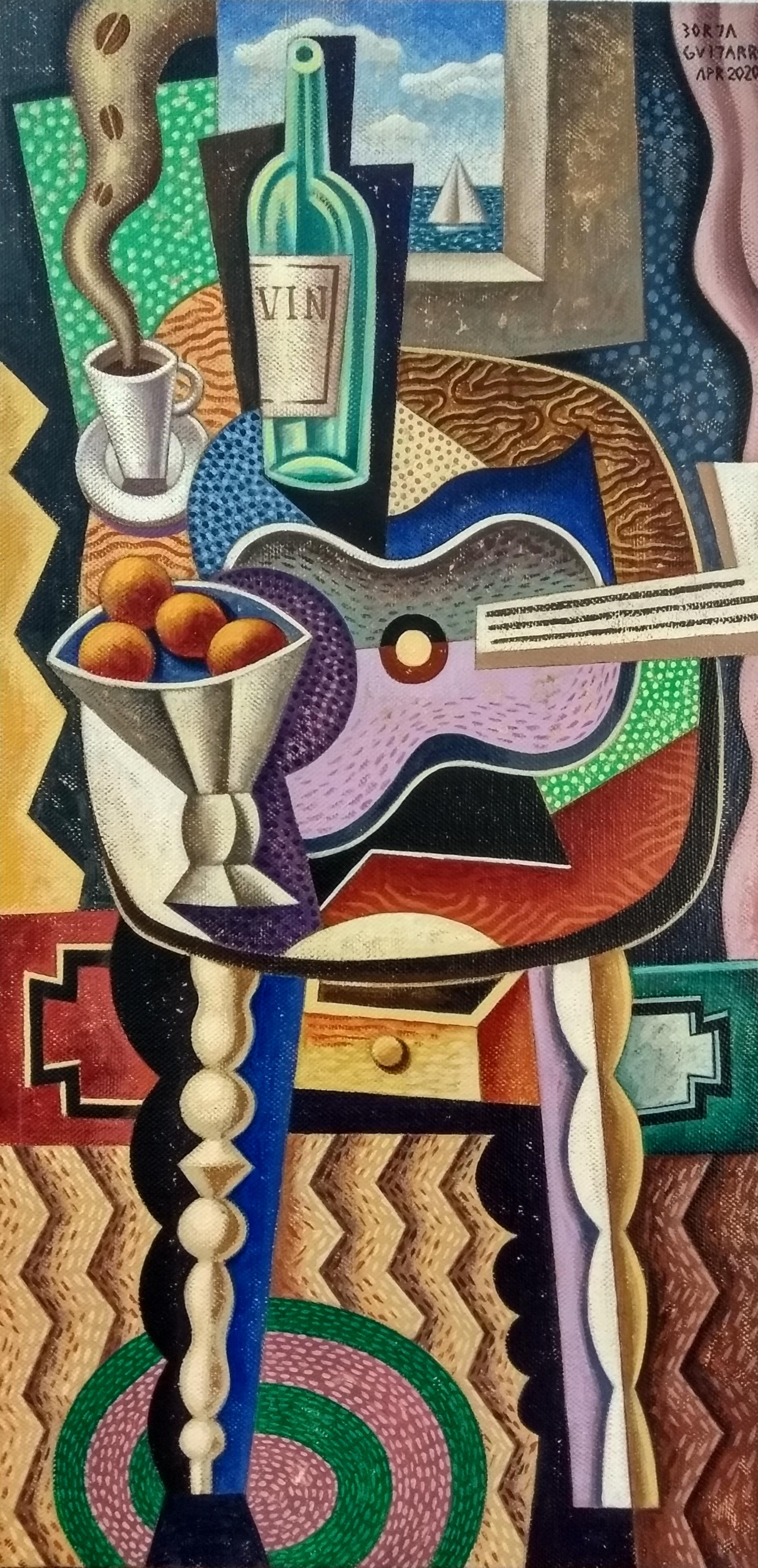 Borja Guijarro Abstract Painting - Purple Guitar - original cubism mixed media artwork abstraction study modern art